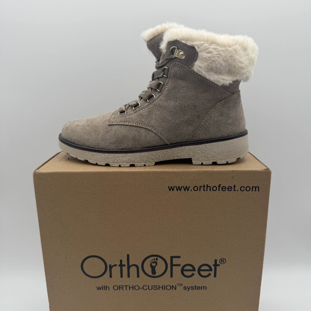 Orthofeet Stella Ankle Boots Taupe Cream Faux Fur Womens US 8.5 Comfort Shoes